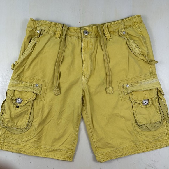 Y2K Jet Lag Men's Sanforized Organic Yellow Cargo Shorts 40x12 Distressed Cotton - Picture 1 of 16